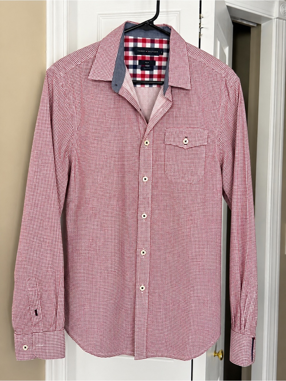 Simons Men's Red and White Checked Long-Sleeve Button-Down Shirt